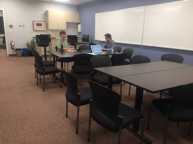 View of Olin 112 looking West from the hallway door (with colleagues John Stratton and Andy Exley)