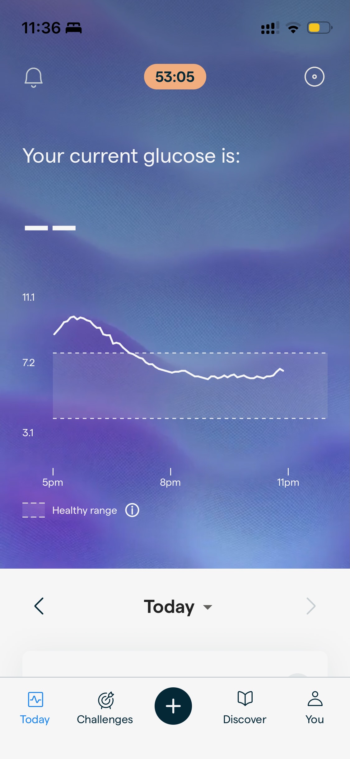 Screenshot of the Lingo app main display, showing no active sensor, with no current glucose reading.
