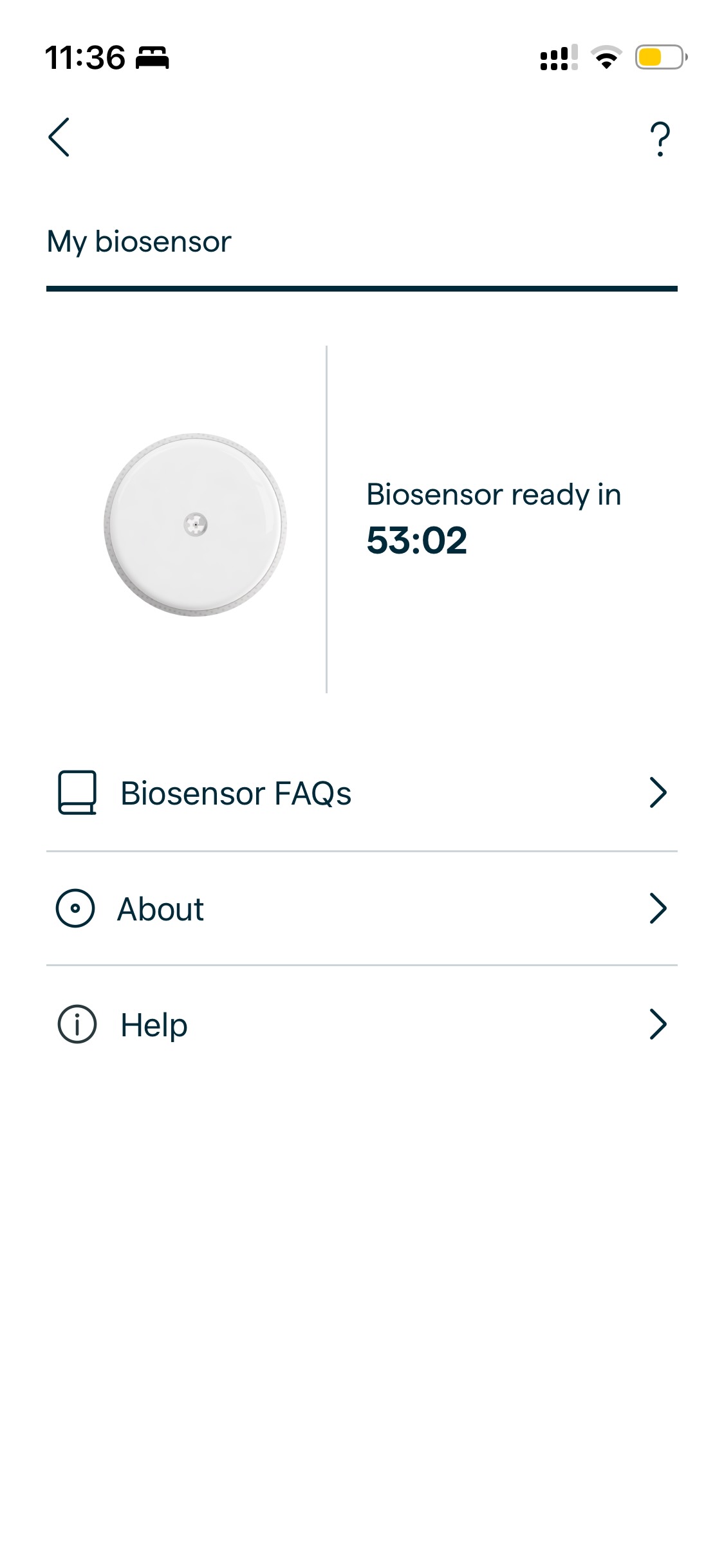 Screenshot of the Lingo app, sensor status screen, showing "Biosensor ready in 53:02"