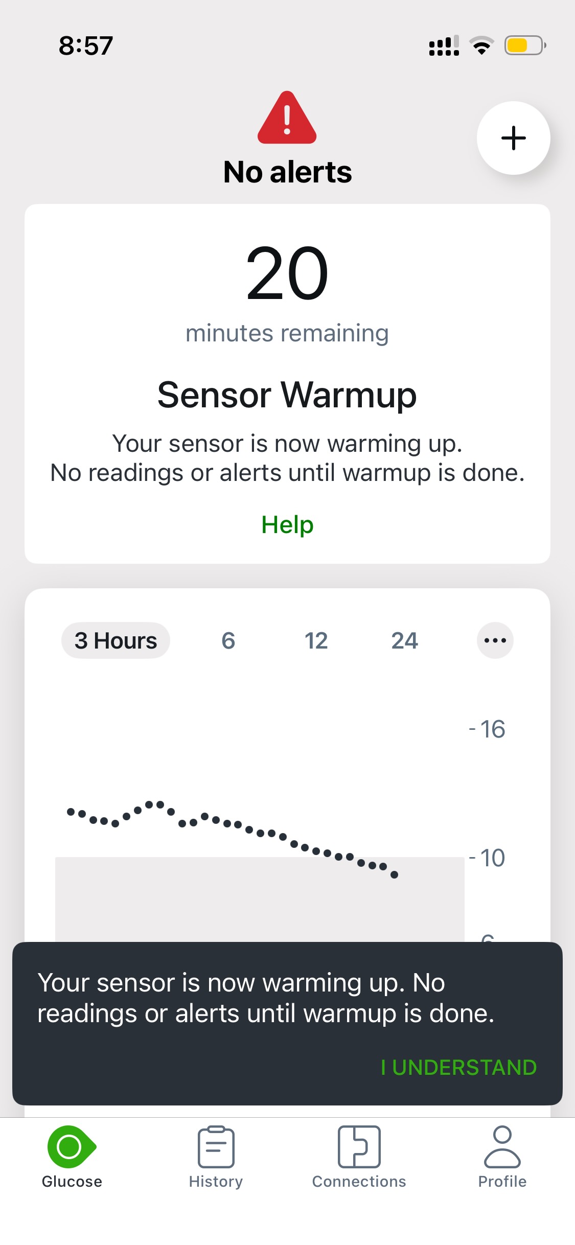 Screenshot of Dexcom One+ app during the sensor warmup period: "20
minutes remaining
Sensor Warmup
Your sensor is now warming up.
No readings or alerts until warmup is done."